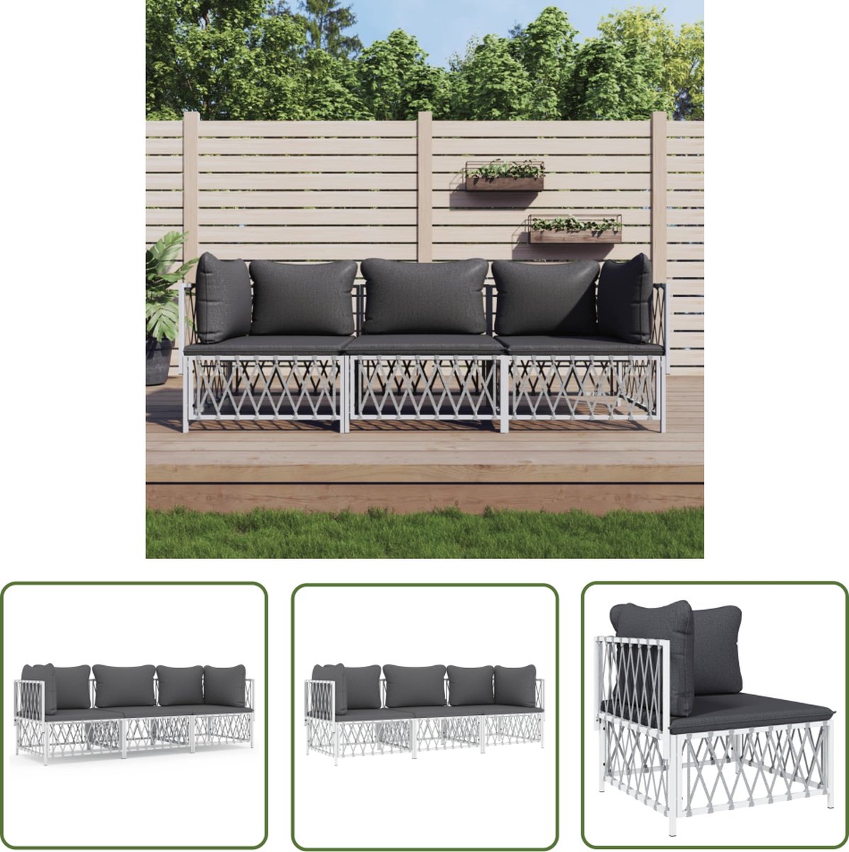 Loungeset van The Living Store in wit staal met kussens.