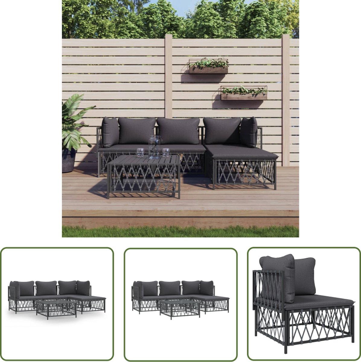 Moderne 5-delige loungeset in antracietkleurig staal met kussens.