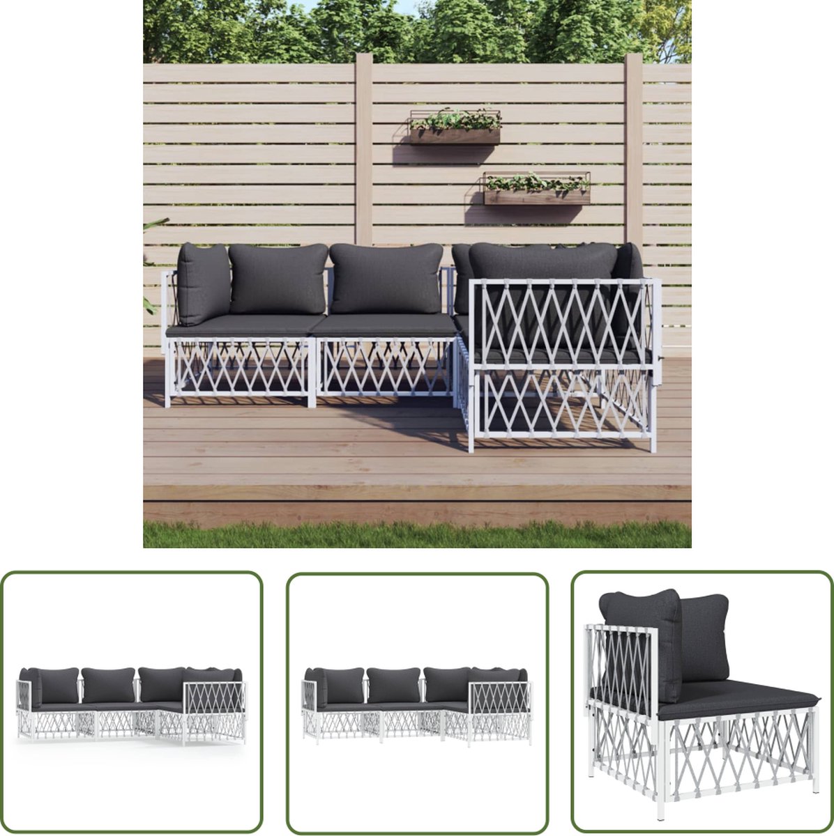 The Living Store 4-delige Loungeset met kussens staal wit - Loungeset - Tuinset - Tuinbank - Hoekbank - Lounge Set