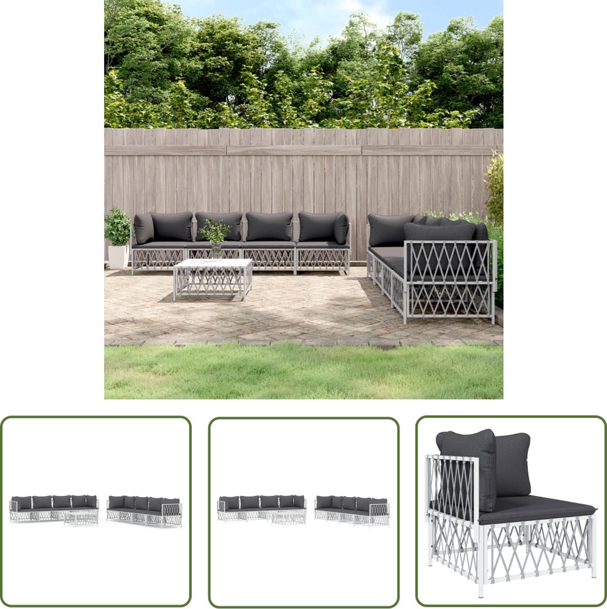 The Living Store 9-delige Loungeset met kussens staal wit - Loungeset - Tuinset - Lounge Bank - Tuinbank - Outdoor Furniture