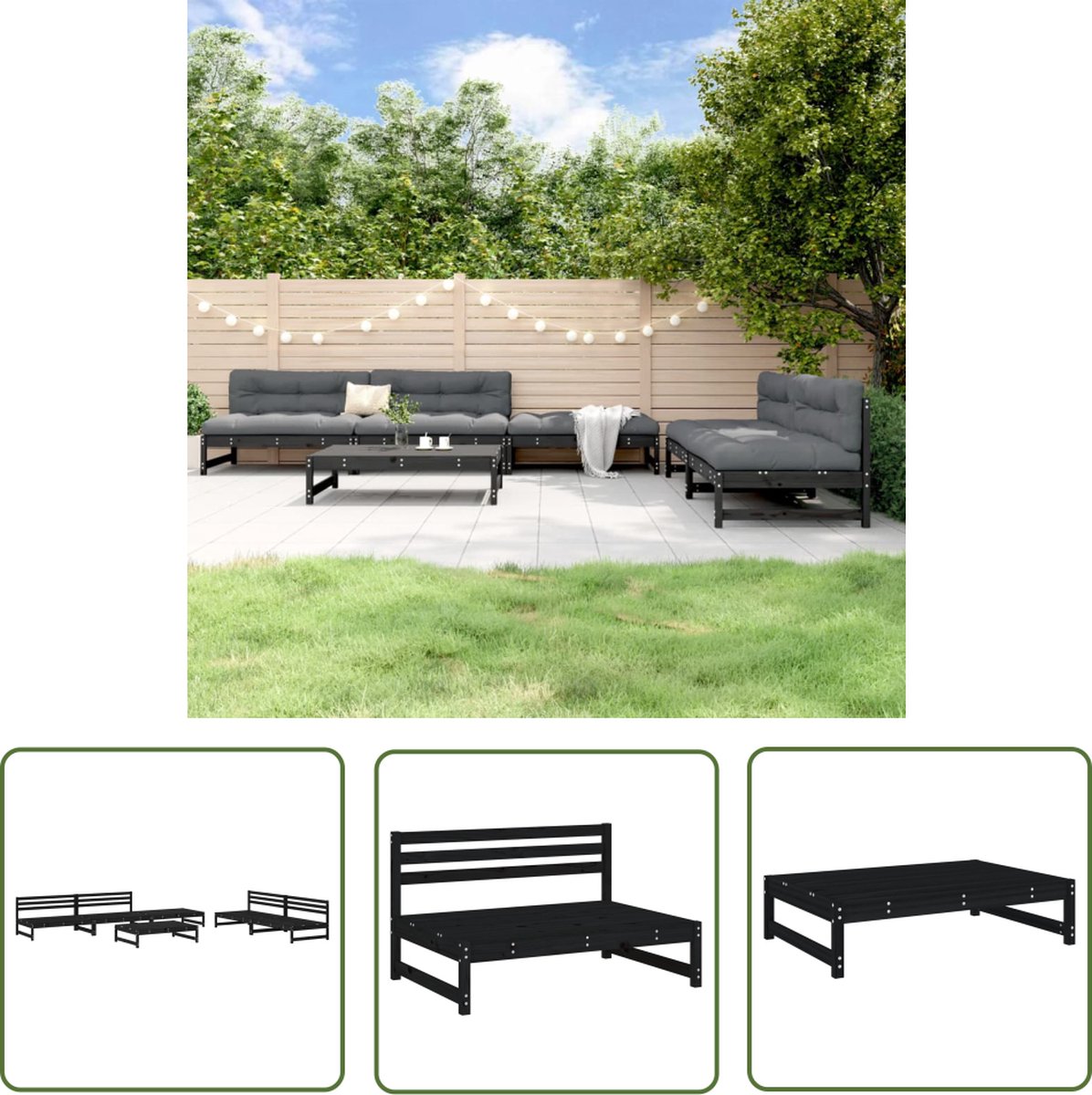 The Living Store 6-delige Loungeset massief grenenhout zwart - Loungeset - Tuinset - Tuinmeubels - Grenenhout - Zwarte Lounge Set