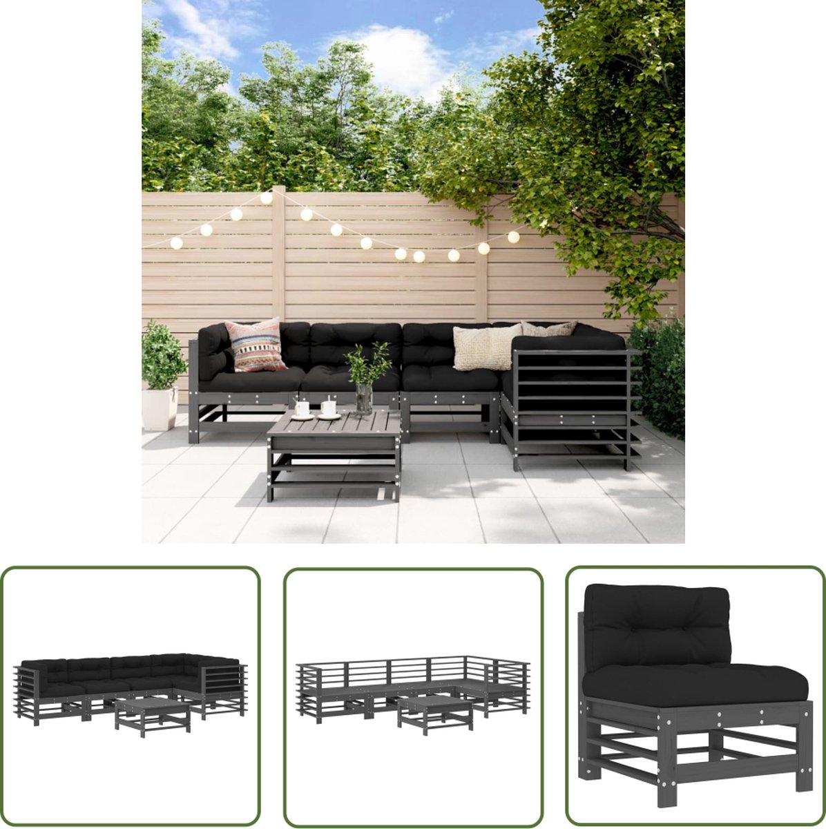 The Living Store 6-delige Loungeset met kussens massief hout grijs - Loungeset - Lounge Bank - Tuinmeubilair - Teak - Hout