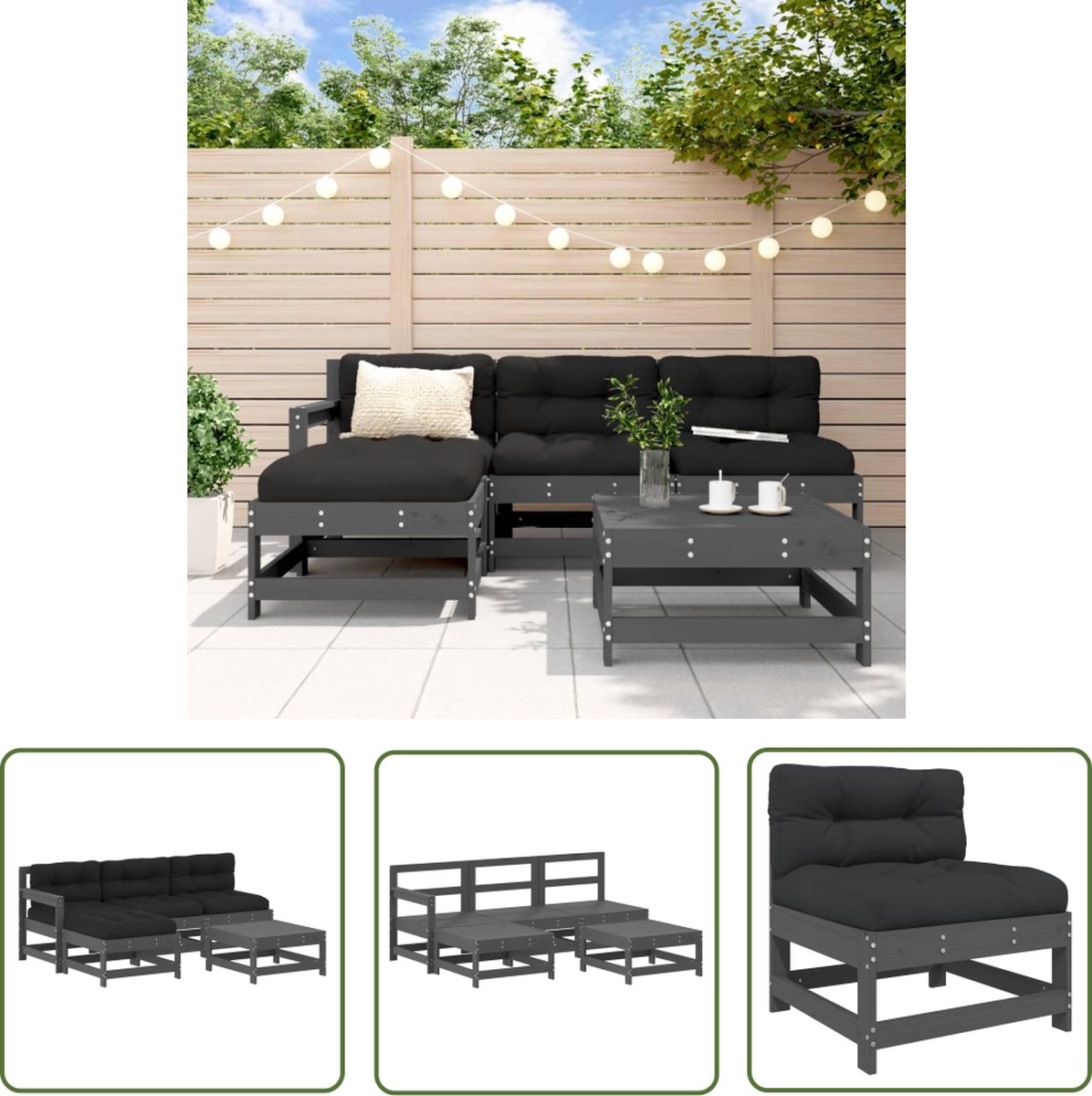 The Living Store 5-delige Loungeset met kussens massief hout grijs - Loungeset - Tuinset - Lounge Bank - Buitenkamer - Hout