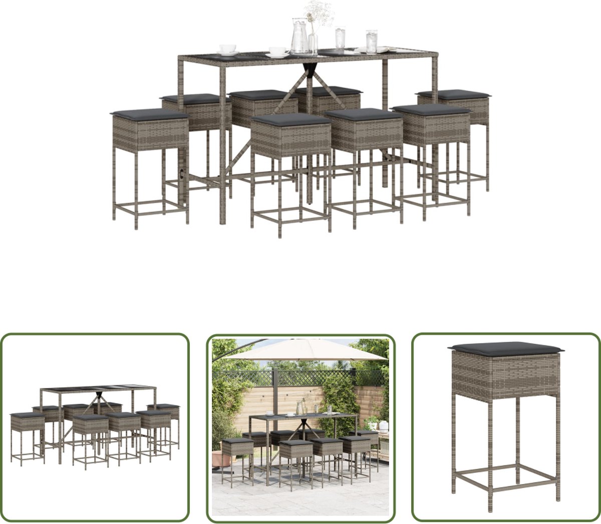 9-delige Tuinbarset poly rattan grijs met kussens - Buiten Lounge Set