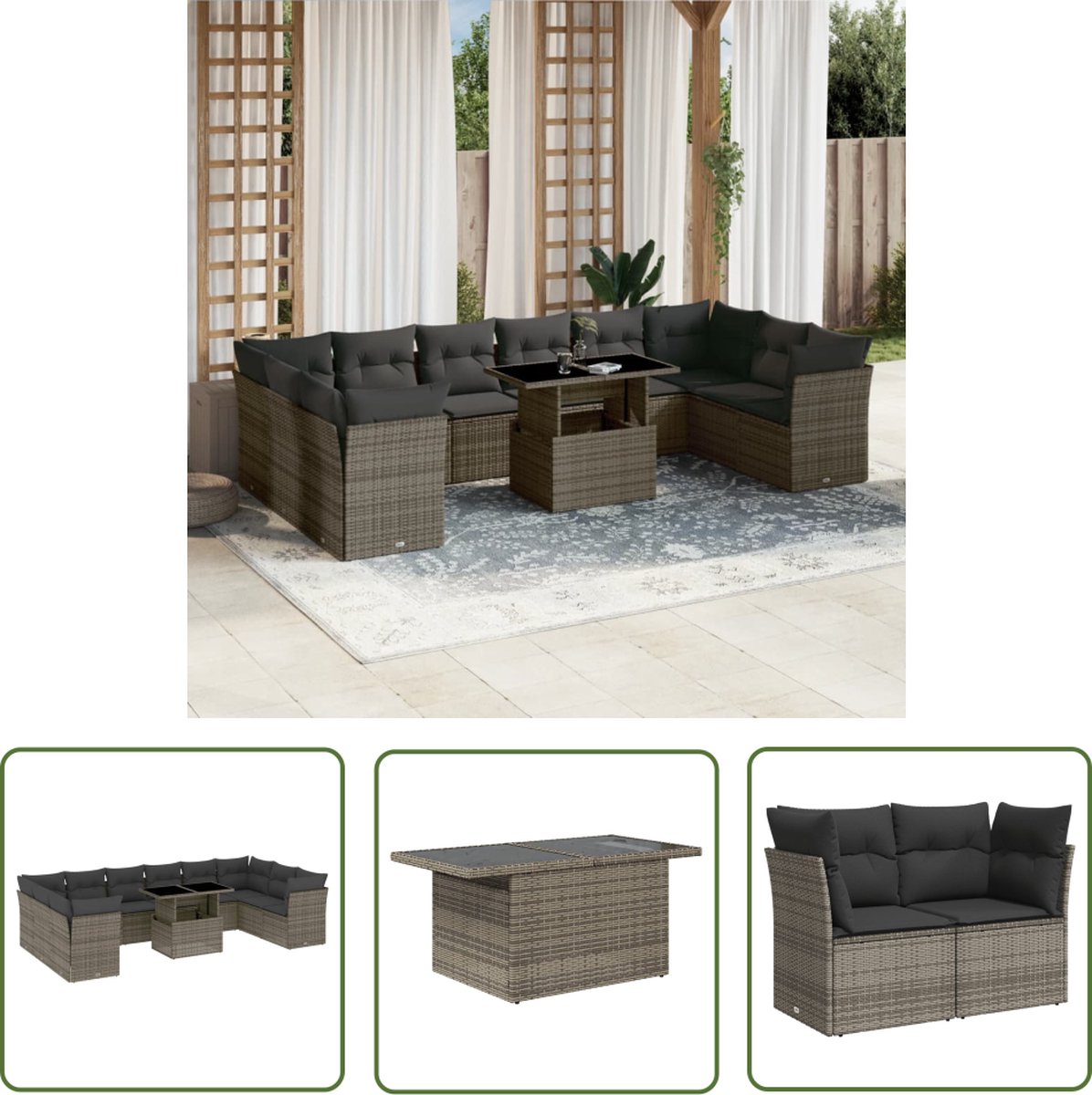 Grijze poly rattan loungeset met kussens voor buiten - The Living Store.