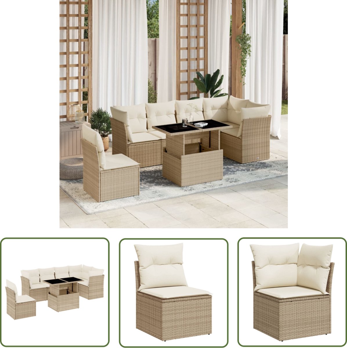 The Living Store 7-delige Loungeset met kussens poly rattan beige - Loungeset - Lounge Set - Buitendecoratie - Tuinmeubels - Loungebank