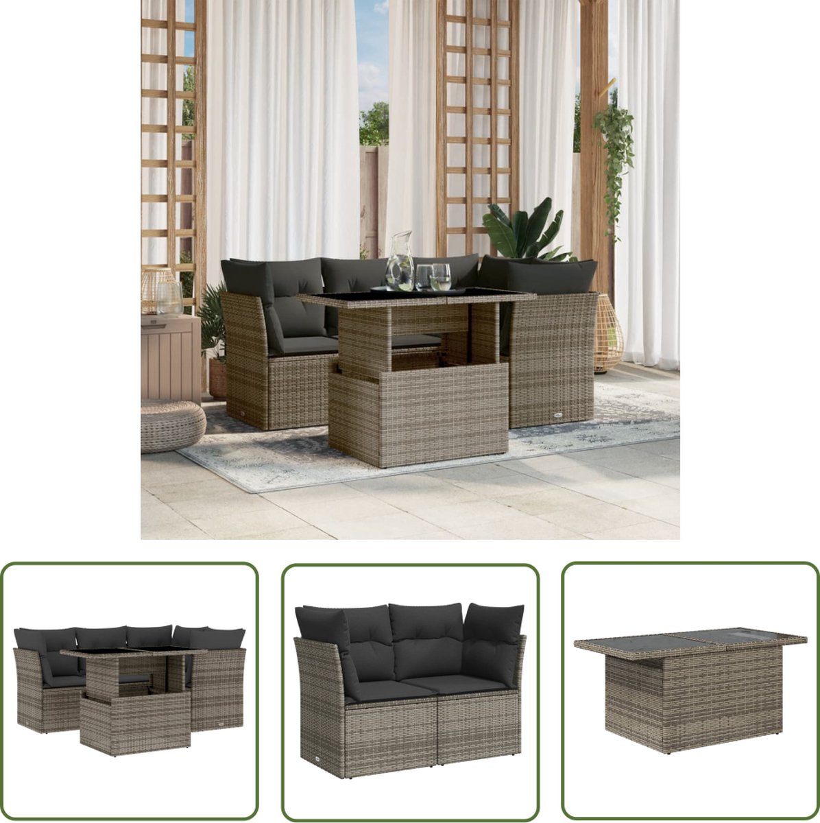 The Living Store 5-delige Loungeset met kussens poly rattan grijs - Loungeset - Loungehoek - Buitendining - Tuinstoel - Tuinset