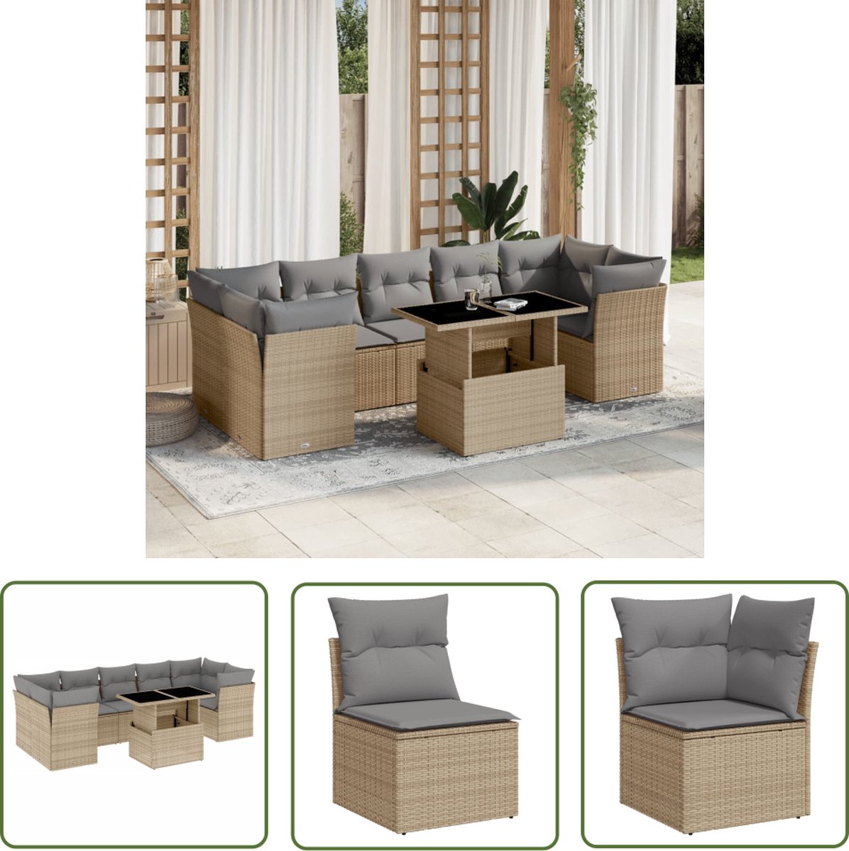 The Living Store 8-delige Loungeset met kussens poly rattan beige - Loungebank - Lounge Set - Buitendecoratie - Tuinmeubels - Pe Rattan