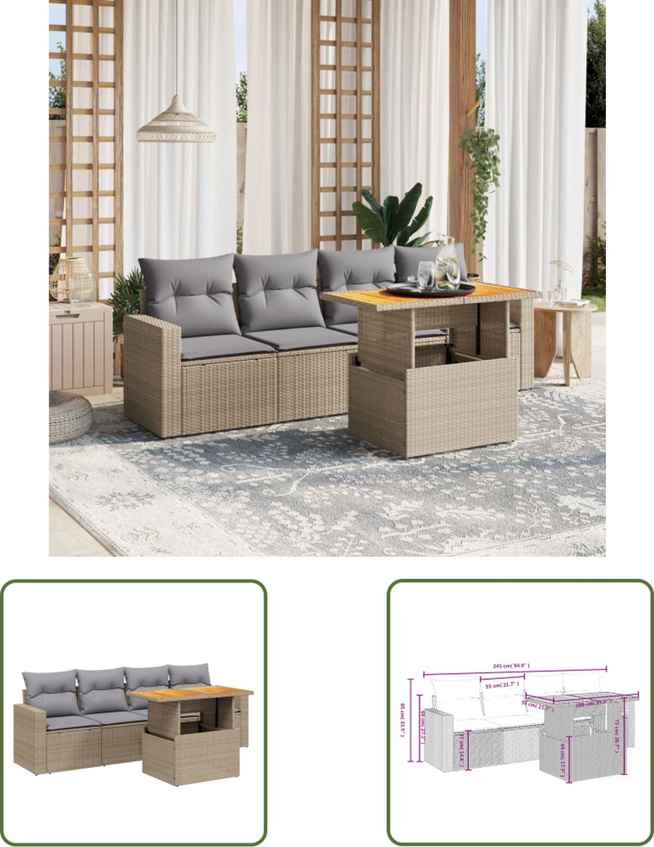 Loungeset met beige poly rattan en kussens, tuinmeubilair van The Living Store.