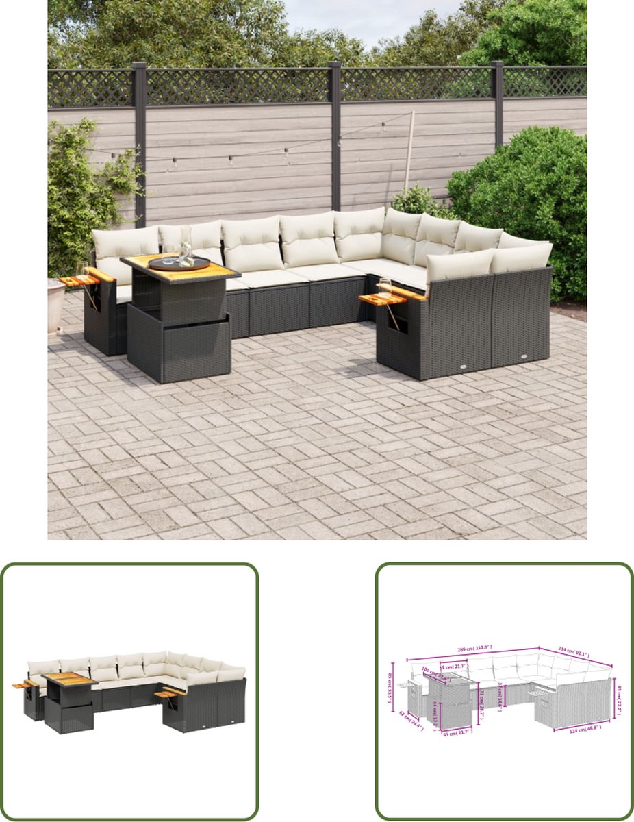 Zwarte poly rattan loungeset met kussens voor buiten - Tuinmeubelset.