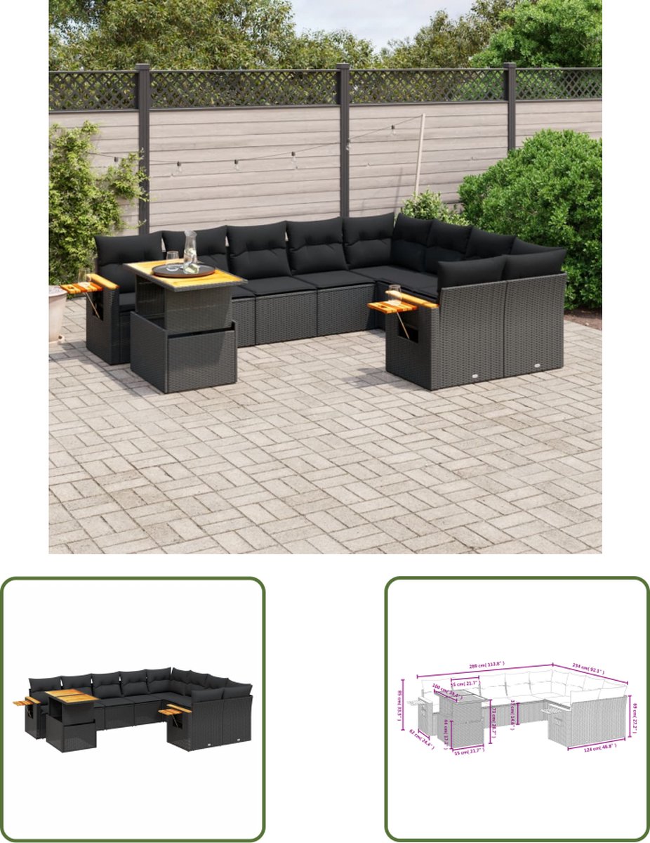 The Living Store 10-delige Loungeset met kussens poly rattan zwart - Loungeset - Lounge Set - Tuinlounge - Buitendining - Outdoor Furniture