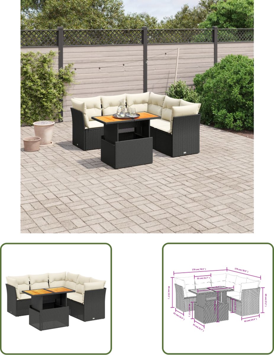 The Living Store 5-delige Loungeset met kussens poly rattan zwart - Lounge Set - Tuinset - Buitendecoratie - Loungehoek - Loungebank