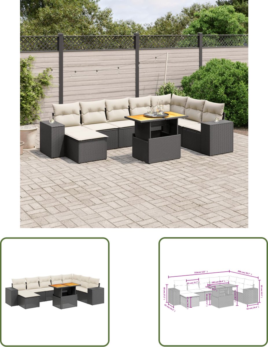 The Living Store 9-delige Loungeset met kussens poly rattan zwart - Loungeset - Lounge Set - Buitendecoratie - Tuinmeubels - Tuinlounge