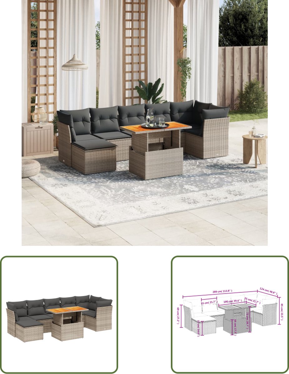 Grijze poly rattan loungeset met kussens voor buiten - Tuinmeubilair.