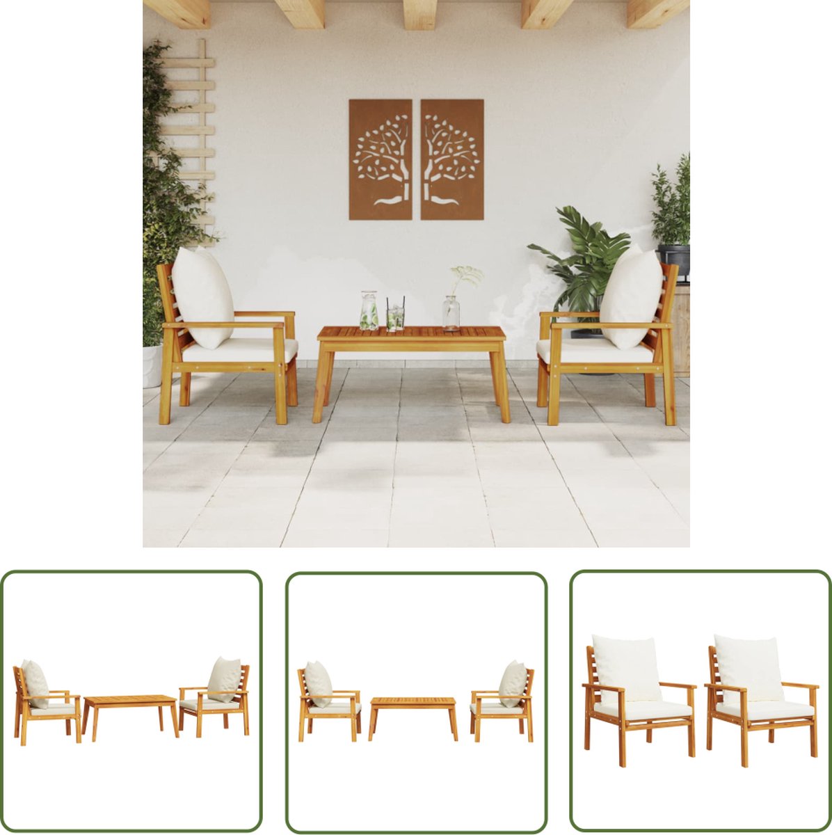 The Living Store 3-delige Loungeset met kussens massief acaciahout - Loungeset - Acacia Hout - Tuinset - Lounge Stoel - Buitendecoratie