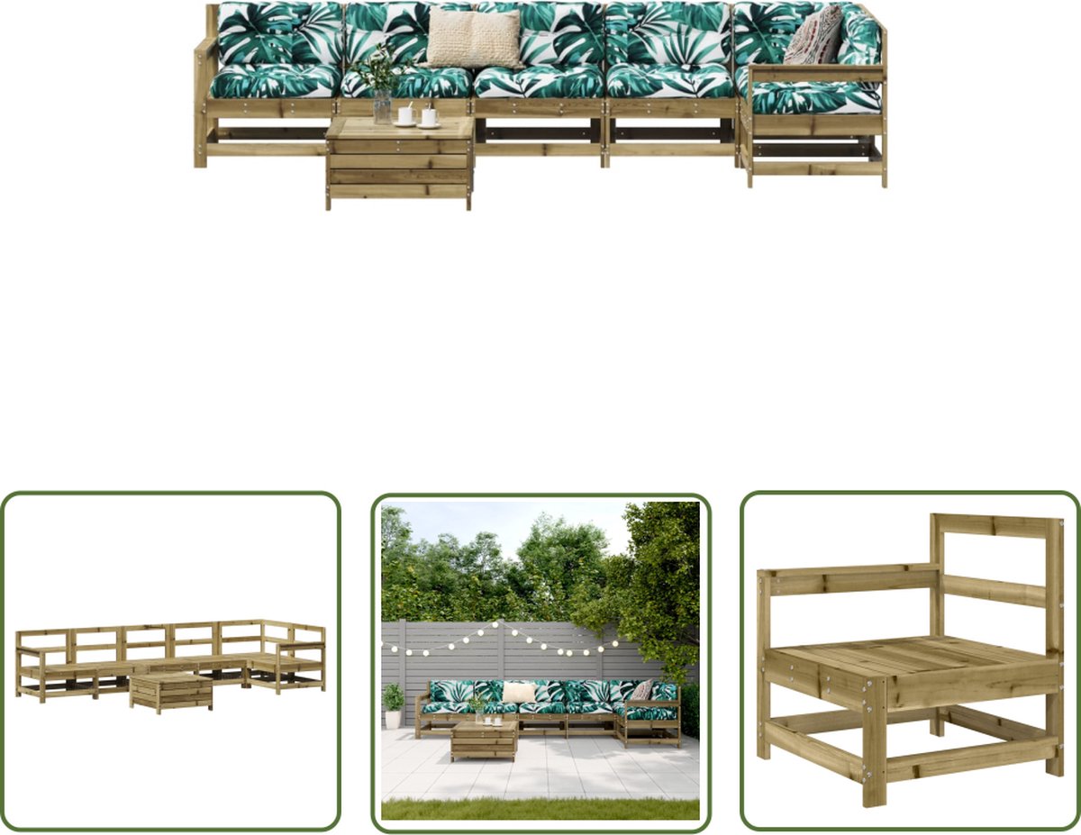 The Living Store 7-delige Loungeset geïmpregneerd grenenhout - Tuin Lounge Set - Loungebank - Buitendining - Teak Tafel - Houtsoort