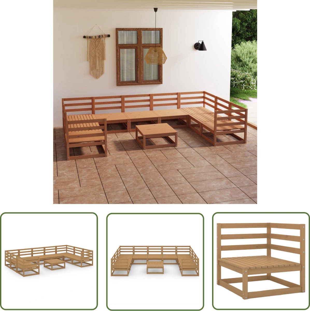 Massief grenenhouten loungeset met houten banken voor buiten - The Living Store.