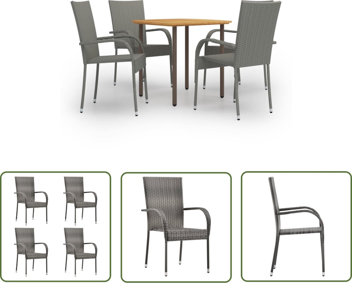 Grijze poly rattan tuinset met acaciahouten tafel en stoelen.