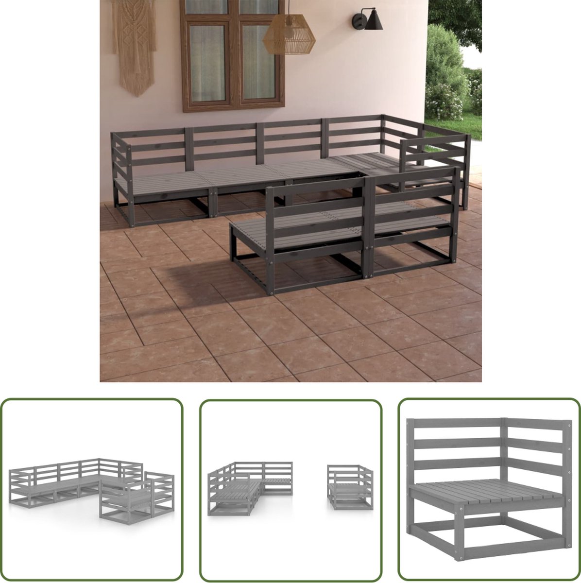 The Living Store 7-delige Loungeset massief grenenhout grijs - Loungeset - Tuinset - Houten Lounge - Buitendecor - Tuinmeubel