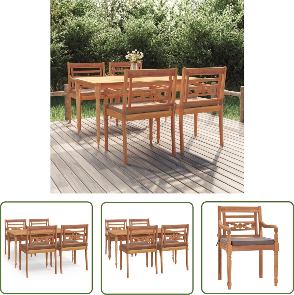The Living Store 5-delige Tuinset met kussens massief teakhout - Tuinstoel - Teakwood - Buitentafel - Lounge Set - Outdoor Furniture