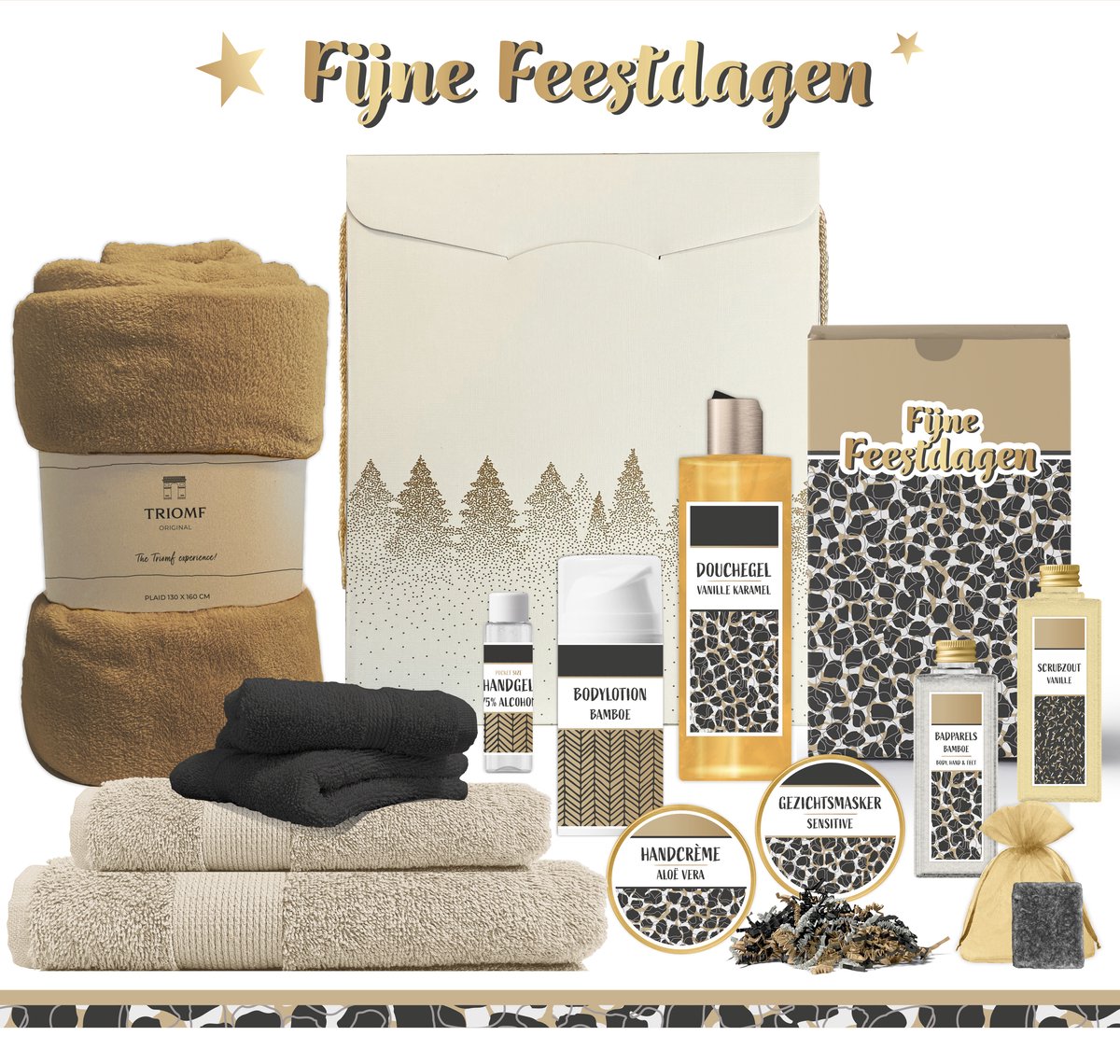 Goedkoopste Geschenkset “Fijne Feestdagen!” - 13 producten - 1910 gram | Luxe Kerst Cadeaubox voor haar - Wellness Pakket Vrouw - Giftset Merry Christmas Cadeaupakket Prettige Kerstdagen Kerstcadeau Kerstpakket Bedrijf Cadeau Relatiegeschenk Gift Set Zwart Goud