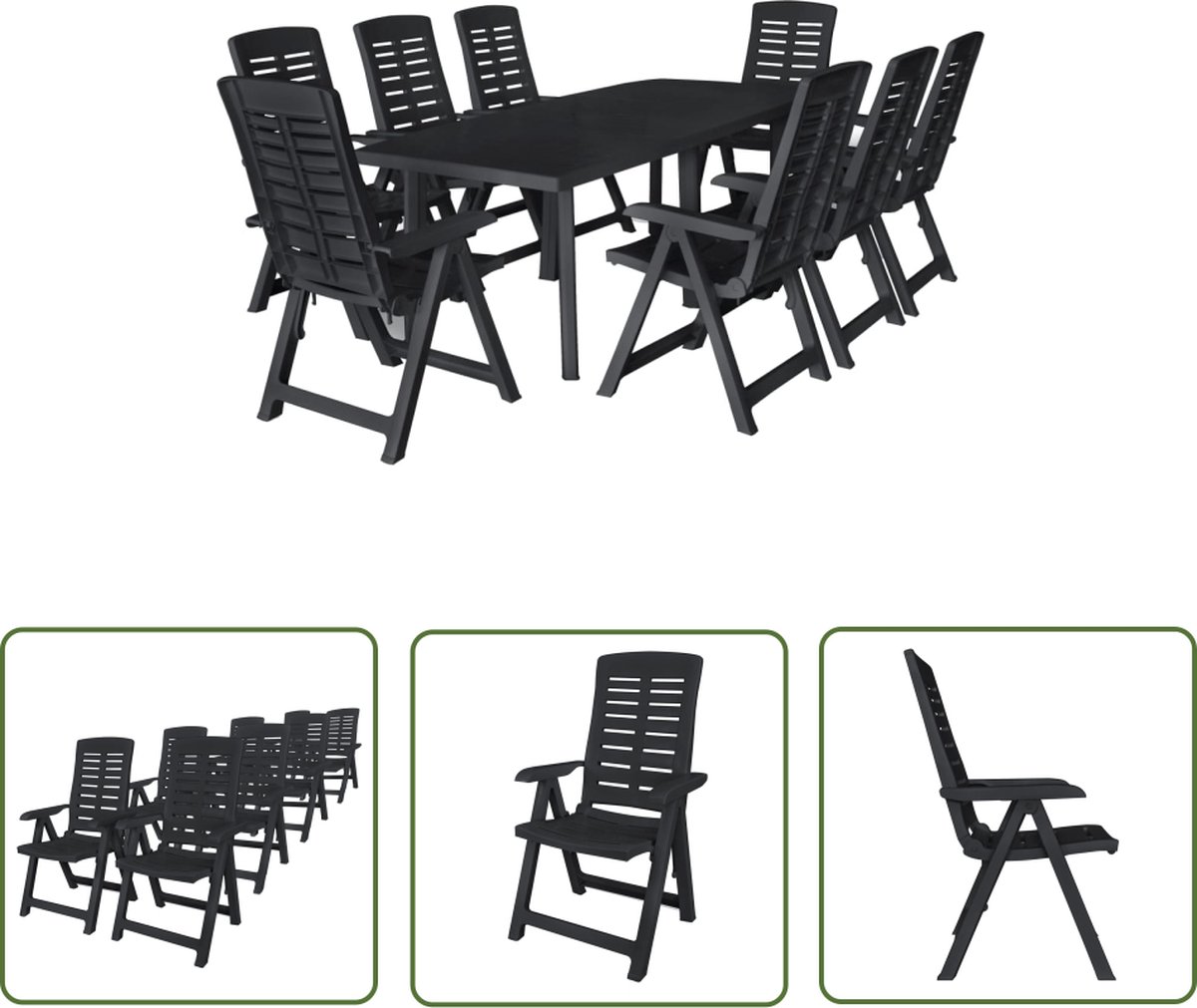 The Living Store 9-delige Tuinset kunststof antraciet - Tuinstoel - Buitentafel - Tuinset - Eetkamerset - Lounge Set