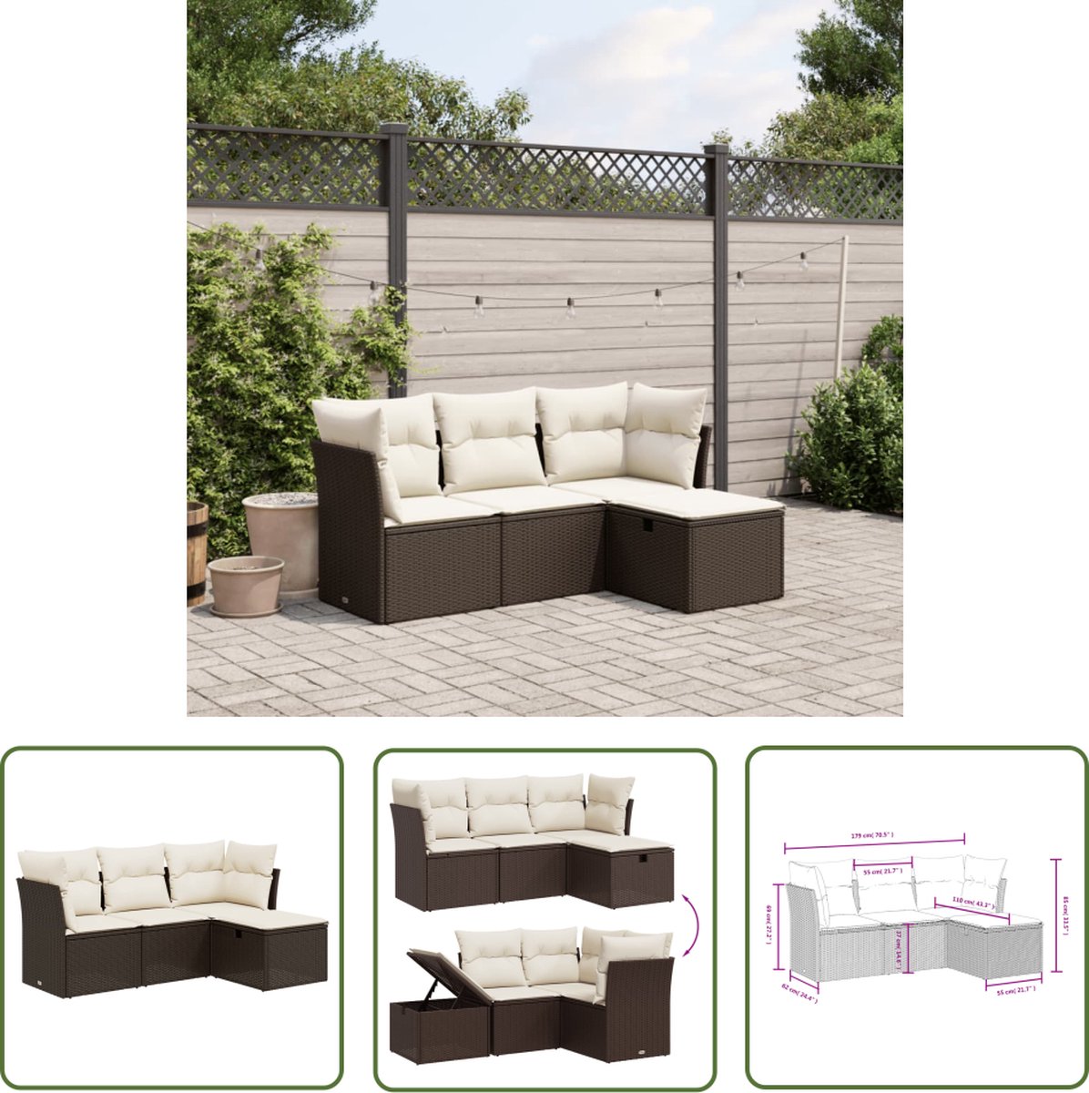The Living Store 4-delige Loungeset met kussens poly rattan bruin - Loungeset - Tuinset - Lounge Bank - Buitendecoratie - Tuinmeubels