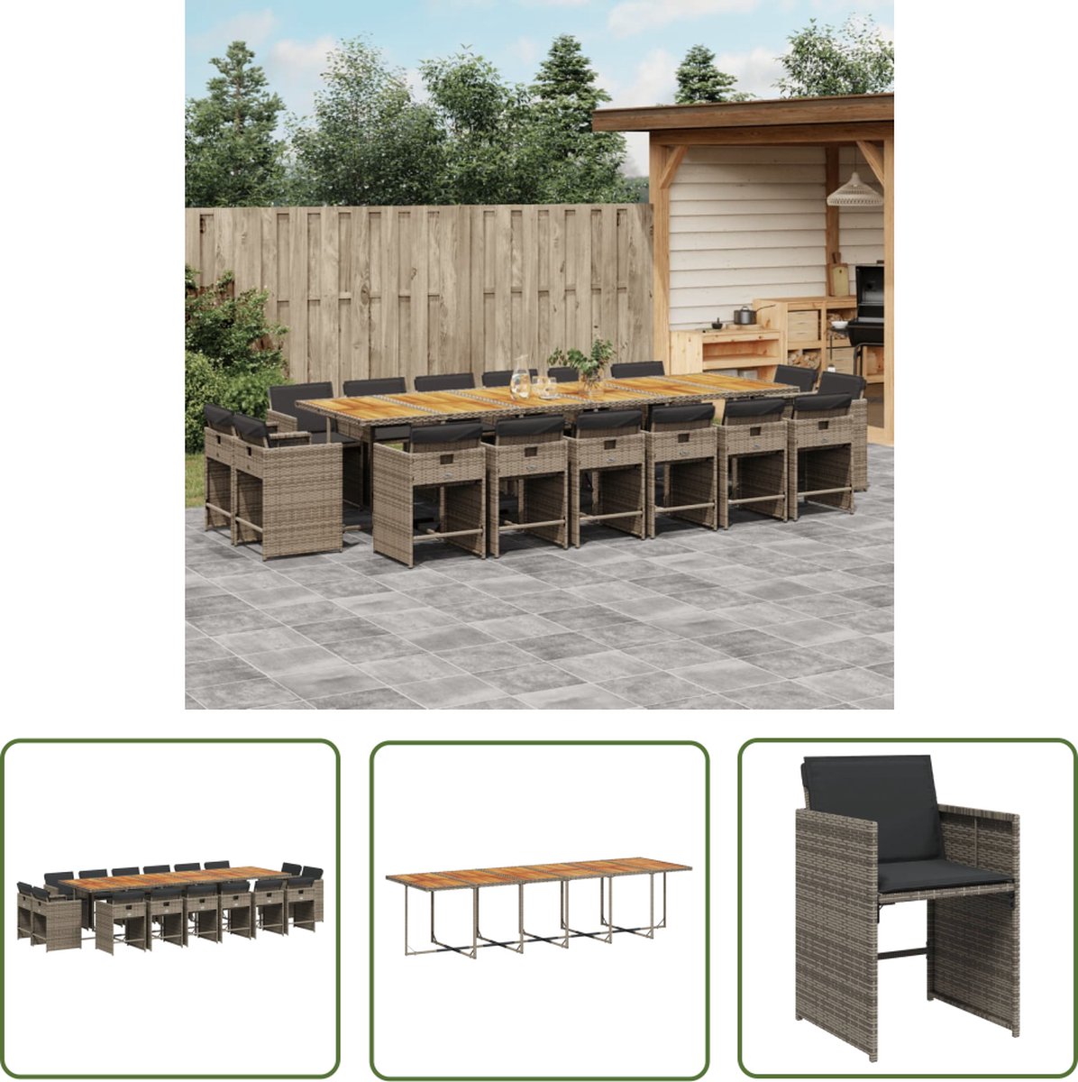 The Living Store 17-delige Tuinset met kussens poly rattan grijs - Tuinset - Buitentafel - Eetkamerset - Lounge Set - Patio Furniture