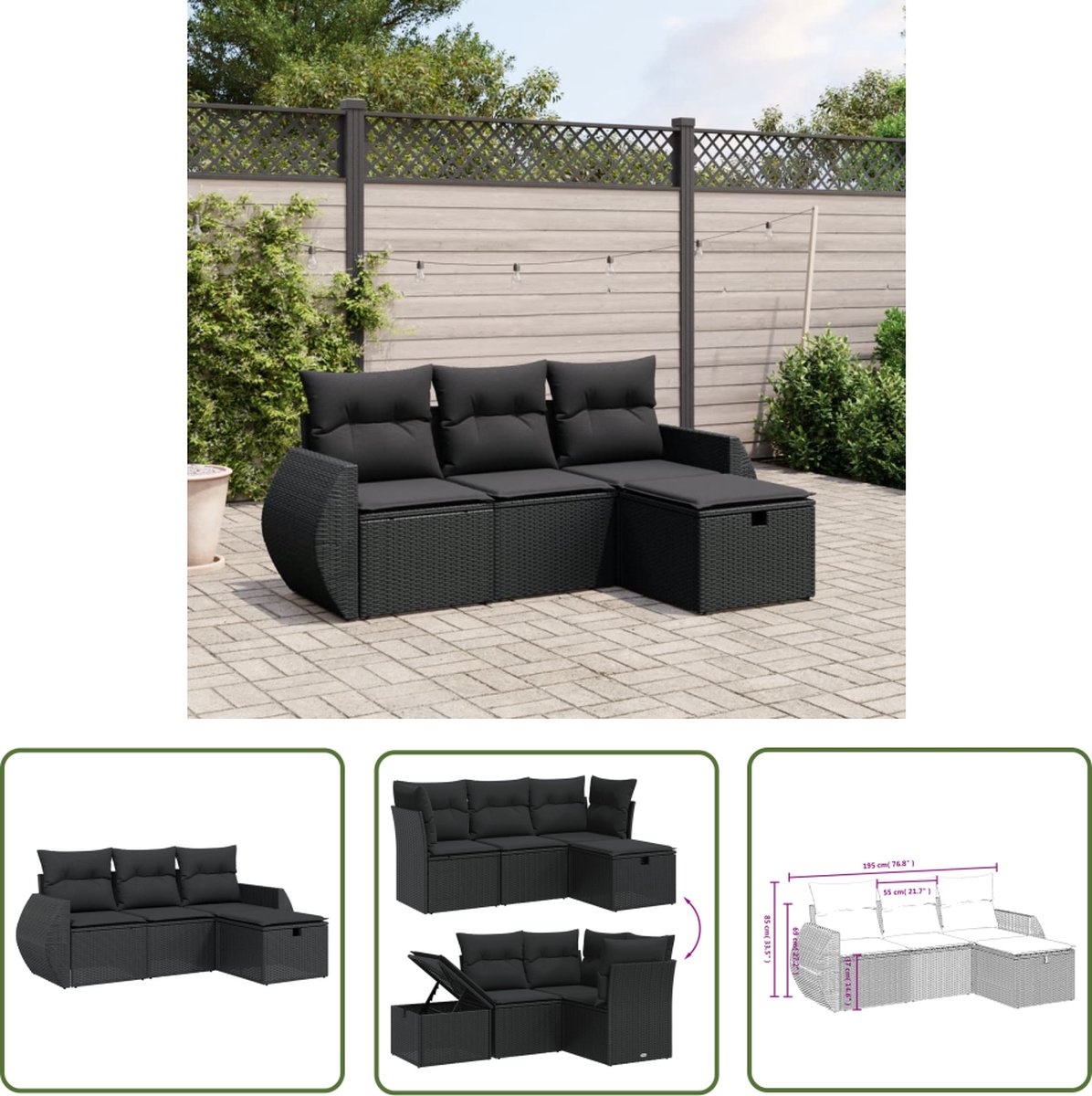 The Living Store 4-delige Loungeset met kussens poly rattan zwart - Loungeset - Tuinset - Lounge Set - Tuinmeubels - Buitendecoratie