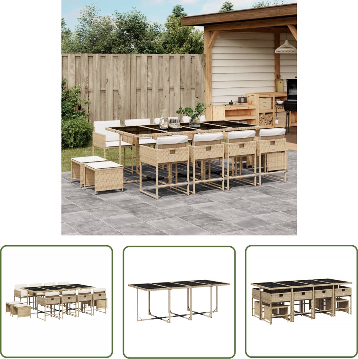 The Living Store 13-delige Tuinset met kussens poly rattan beige - Tuinset - Buitentijd - Lounge Set - Eetkamerset - Patio Furniture