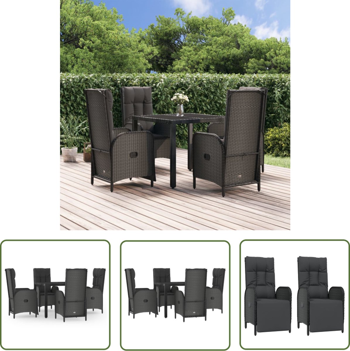 The Living Store 5-delige Tuinset met kussens poly rattan zwart - Tuinset - Lounge Set - Outdoor Furniture - Patio Set - Eetkamerset