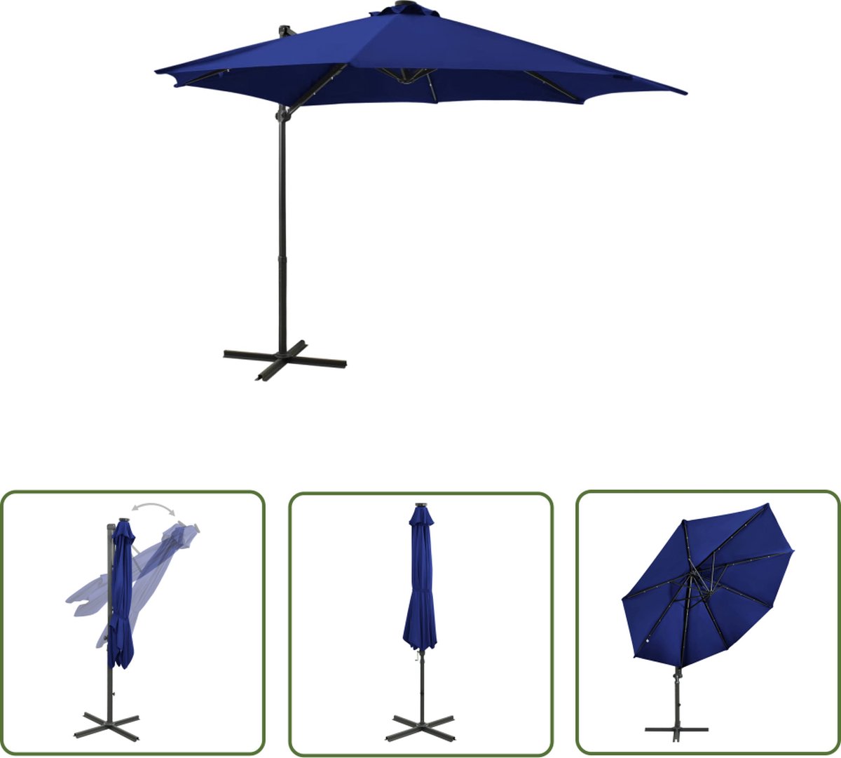 Zweefparasol in azuurblauw met LED-verlichting, 300 cm - The Living Store - Tuinparasol met unieke verlichtingsoptie.