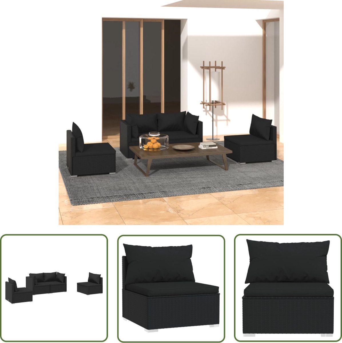 The Living Store 4-delige Loungeset met kussens poly rattan zwart - Loungeset - Lounge Set - Tuinlounge - Buitensetuint - Loungebank