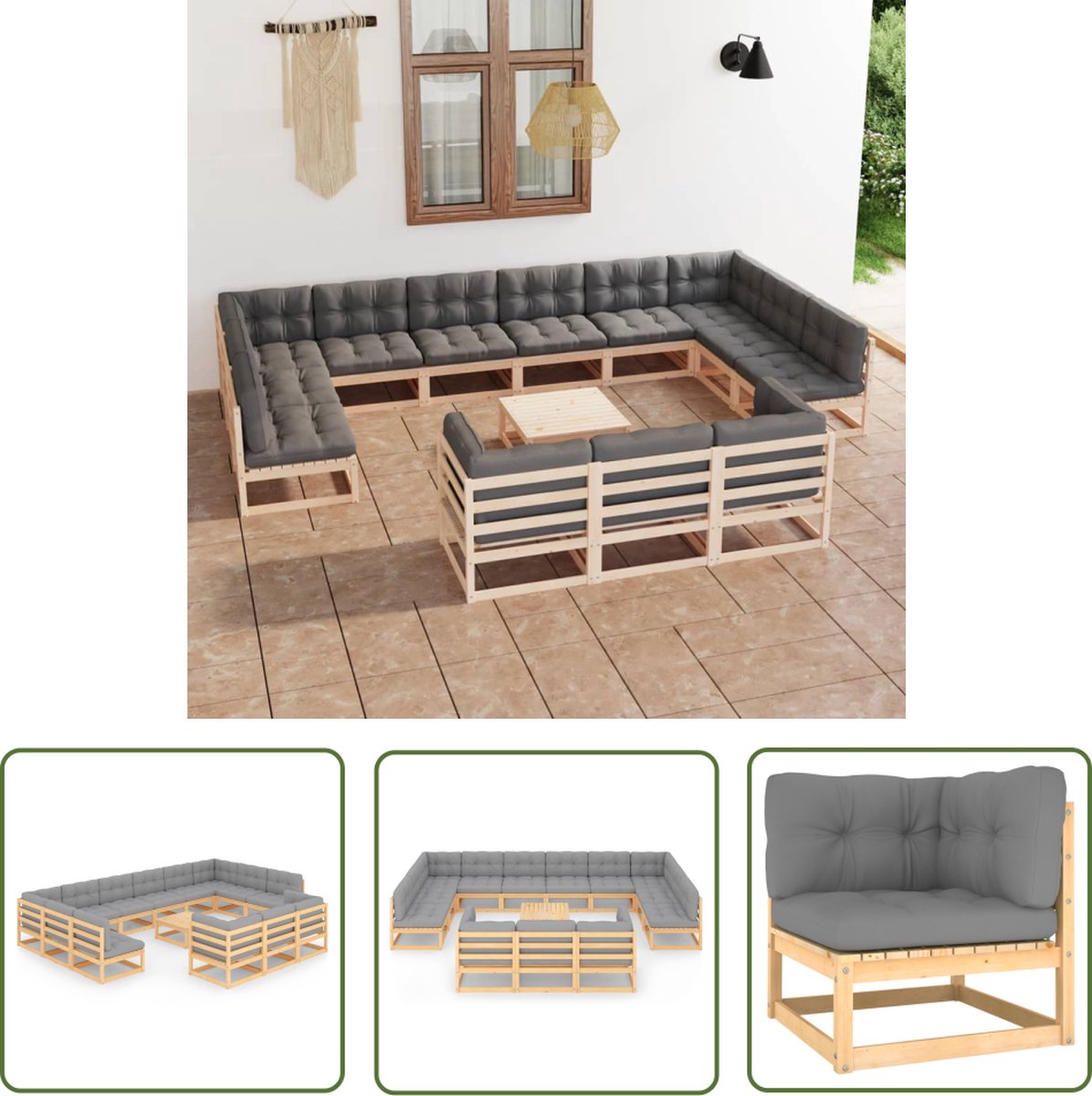 14-delige loungeset van massief grenenhout met kussens - tuinmeubilair in natuurlijke tinten