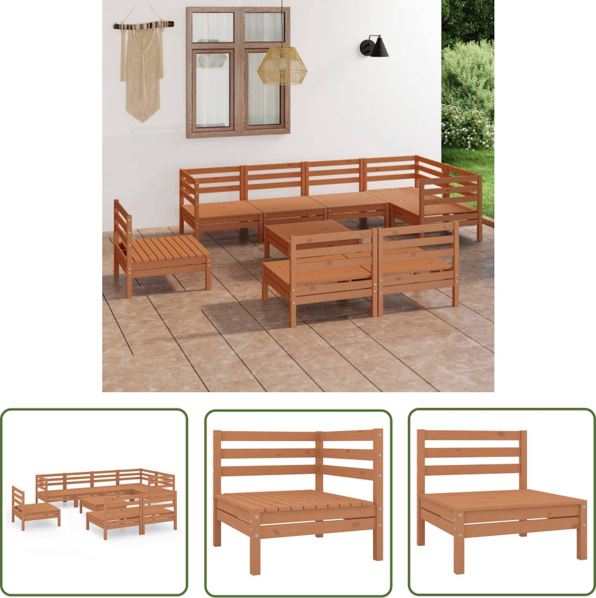 The Living Store 9-delige Loungeset massief grenenhout honingbruin - Tuinmeubles - Loungebank - Grenenhouten Meubels - Buitenkamer - Terrasmeubilair