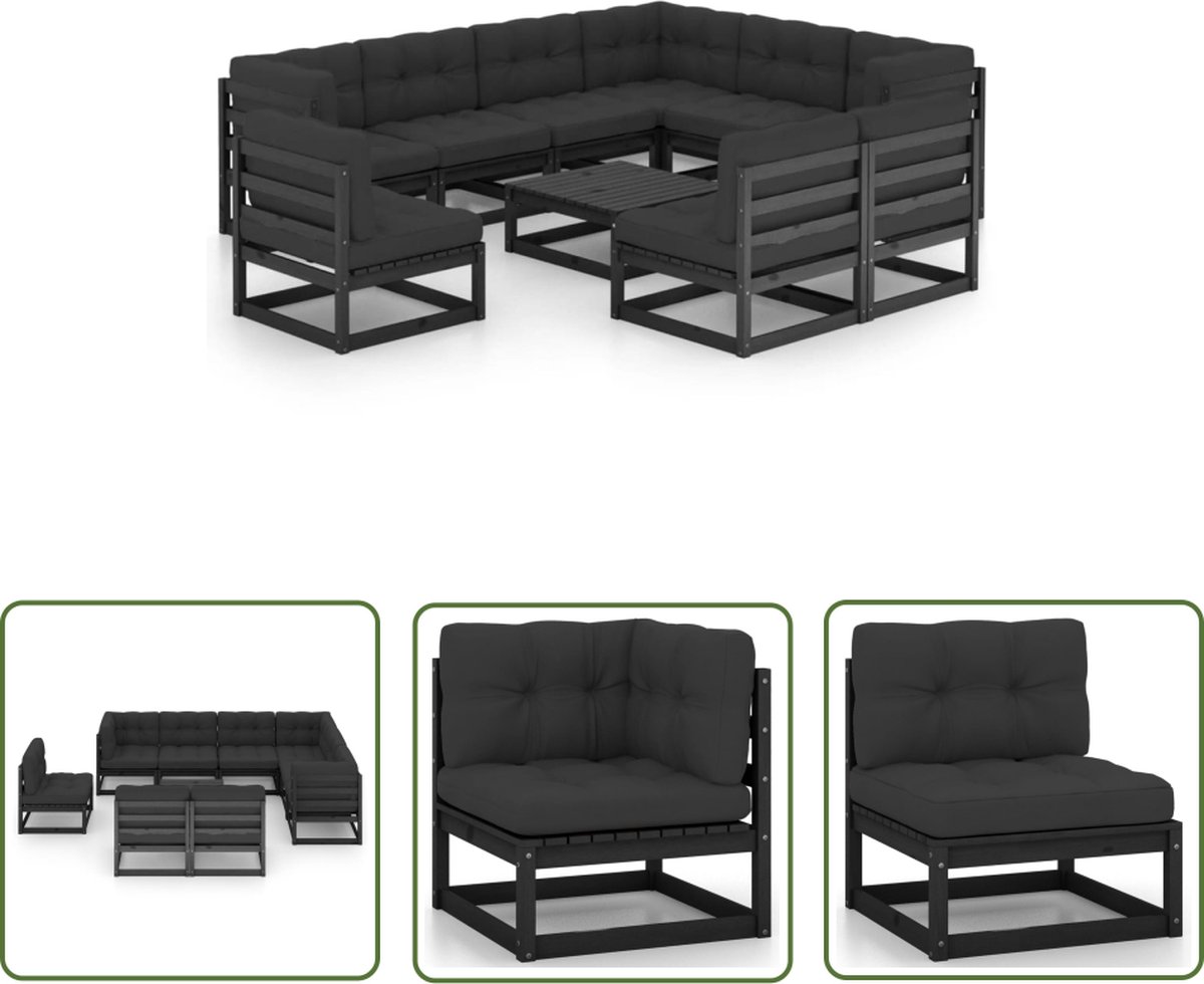 Zwarte massief grenenhouten Loungeset met kussens - Tuinmeubels - Buitendecor.