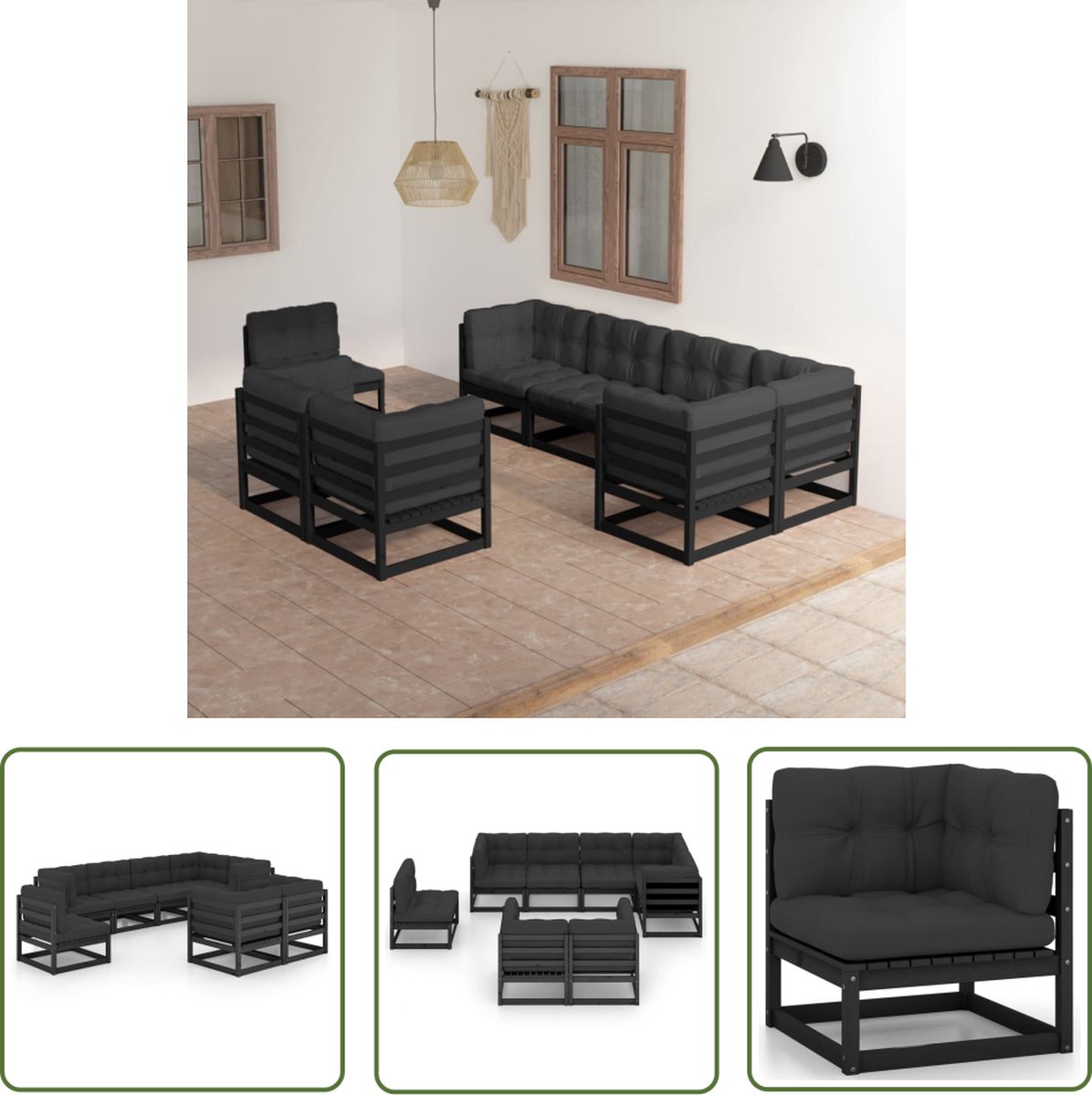 The Living Store 8-delige Loungeset met kussens massief grenenhout - Tuinstoel - Lounge Set - Buis Stoffen Bank - Houten Loungestoel - Outdoor Furniture