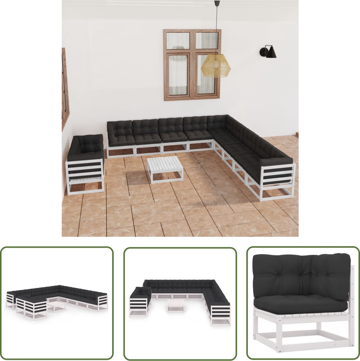 12-delige loungeset met kussens in massief grenenhout en witte bekleding