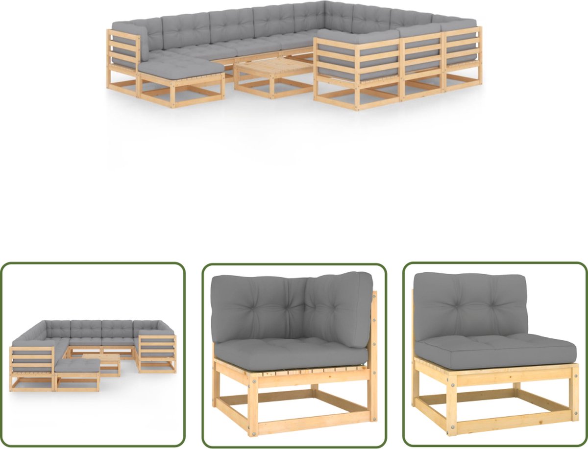 Massief grenenhouten loungeset met kussens en bank, outdoor patio meubilair.
