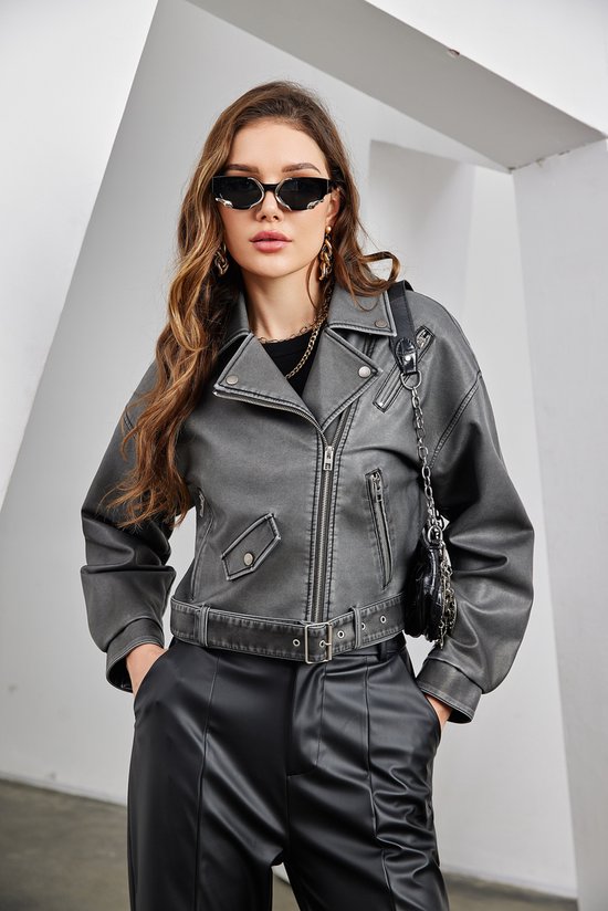 Savory Fashion- Veste - Veste de motard - Aspect cuir - Grijs - XL