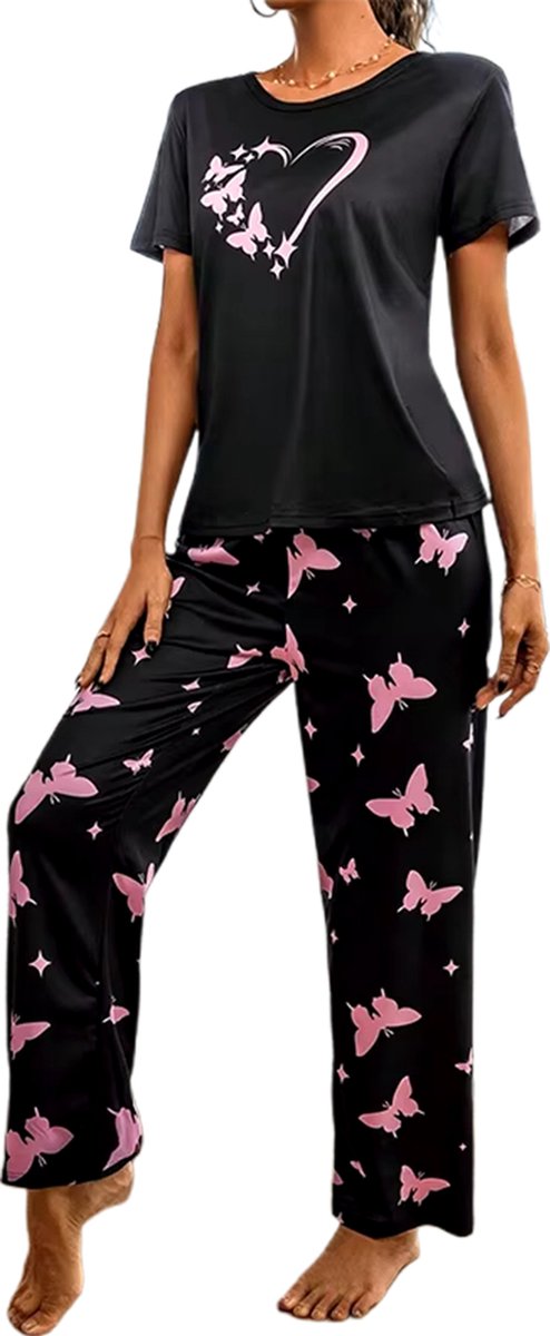 Boncy ® Pyjama Set Dames Zacht Hart - Pyama Nachtkleding Volwassenen - Pyjamabroek Meisje Zwart en Roze