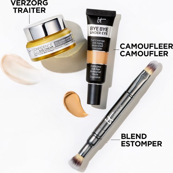 IT Cosmetics Bye Bye Under Eye Concealer tube met kwast, potje oogcrème en vloeibare texturen.