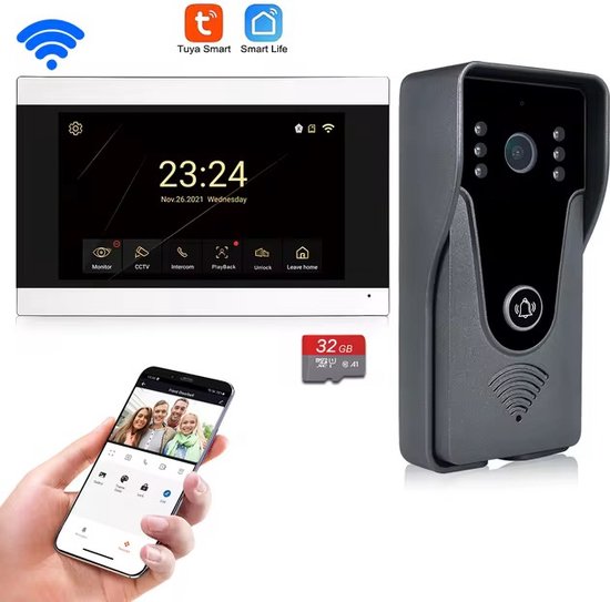 Wifi sans fil - Système d'interphone vidéo - 1080P - Pour la maison - Écran tactile - Incl. Carte 32G - Application Tuya - Interphone bidirectionnel