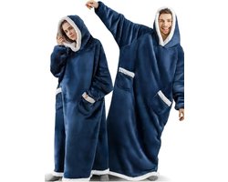 Dekenhoody, extra grote hoodydeken, sherpa en fleece, draagbaar, voor dames en heren, comfortabele en zachte capuchondekens, blauw, one size