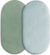 2 Stuks - Hydrofiele Baby Hoeslaken Wieg - Kinderwagen matras - Effen Groen en Lichtblauw - 80x40 cm