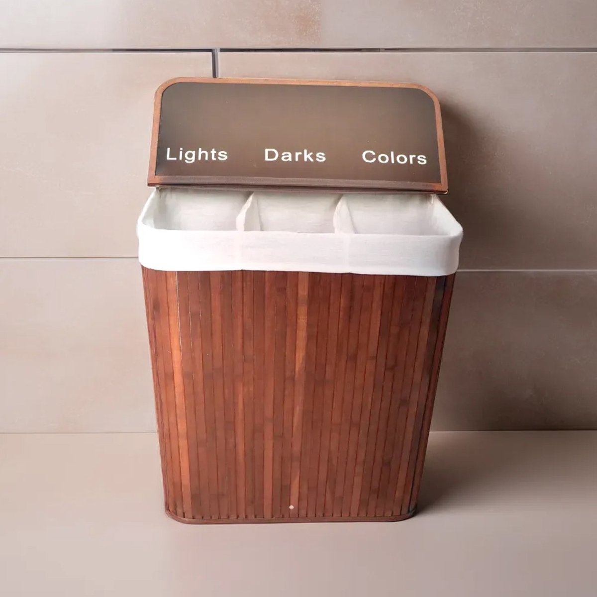 ENGLISH HOME 100L opvouwbare 3-compartimenten wasmand met deksel, wasmand met uitneembare voering, opberg organizer, wasmanden voor wasgoed badkamer, bamboe 52x32x60 cm Bruin