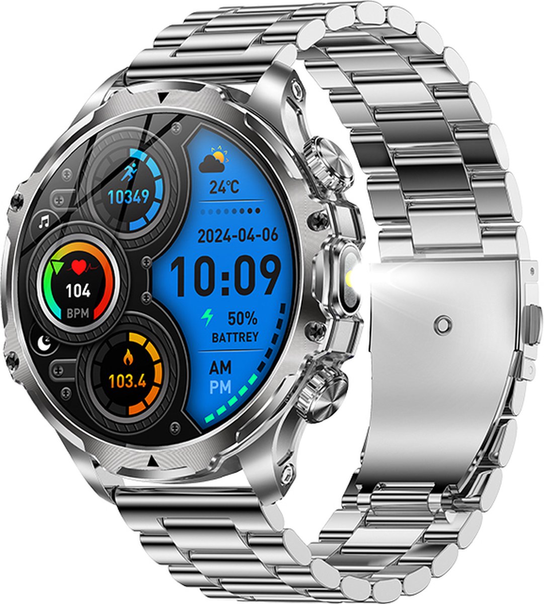 WizBay Premium Select® 1.85 inch HD TFT - Bluetooth Bellen AI Voice - Message - Dynamic Hartslag & Slaap Monitor - Bloeddruk & Bloedzuurstofmeting - 100+ Sport Modi - LED Zaklamp - 700mAh - Magnetic Laden - Allu Zilver Case - Extra Grijze TPU Band