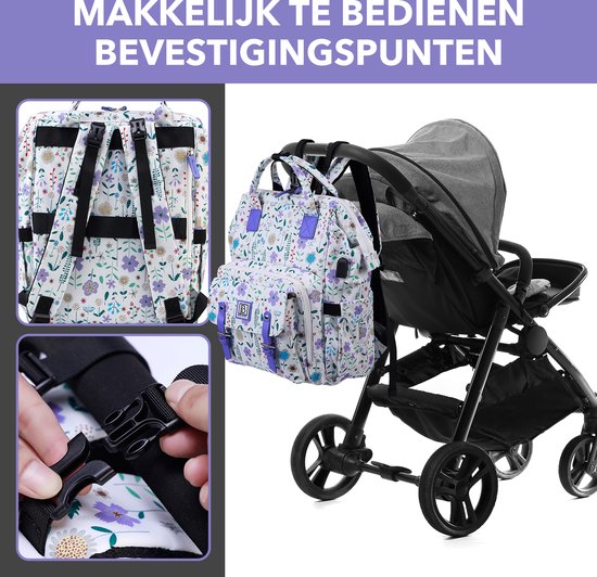 Brisby overzichtelijke luiertas - verzorgingstas - met buggymontage en stay-open frame - gratis verschoonmatje - USB oplaadfunctie - geïsoleerde flessen vakjes - purple flower van Brisby — afbeelding 2