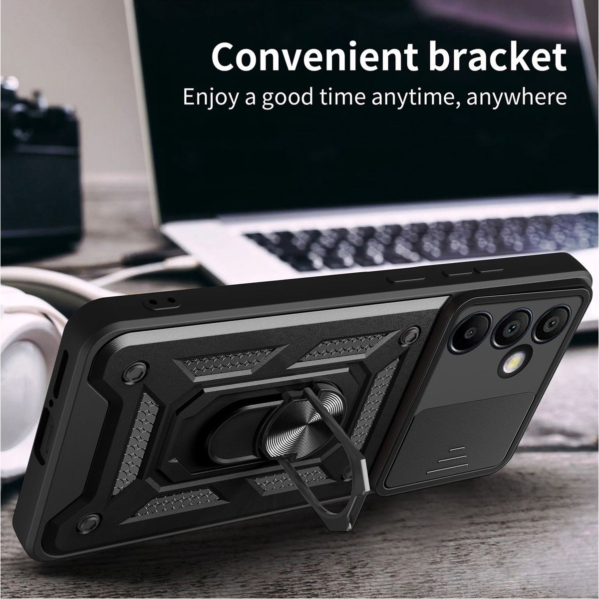 Mobigear Hoesje geschikt voor Samsung Galaxy S24 FE Telefoonhoesje Hardcase | Mobigear Armor Ring Cam Slide Backcover Shockproof met Ringhouder en Camera Slider | Schokbestendig Galaxy S24 FE Telefoonhoesje | Anti Shock Proof - Zwart
