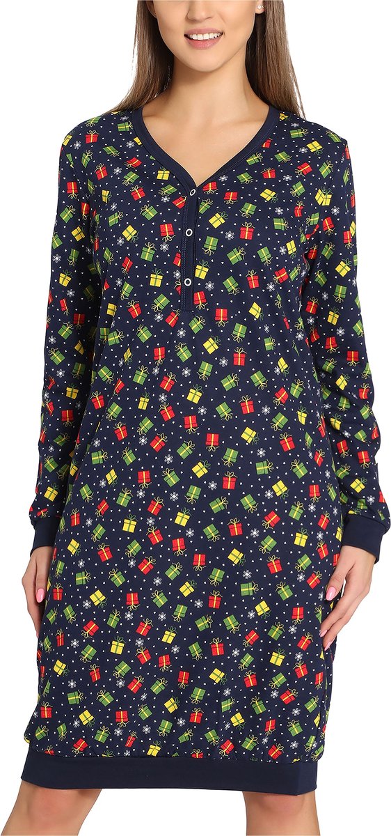 Merry Style Dames Nachtemd - Nachtjapon - Lange mouwen - Katoen - MS-MS10-179-ND - Marineblauw/Cadeaus
